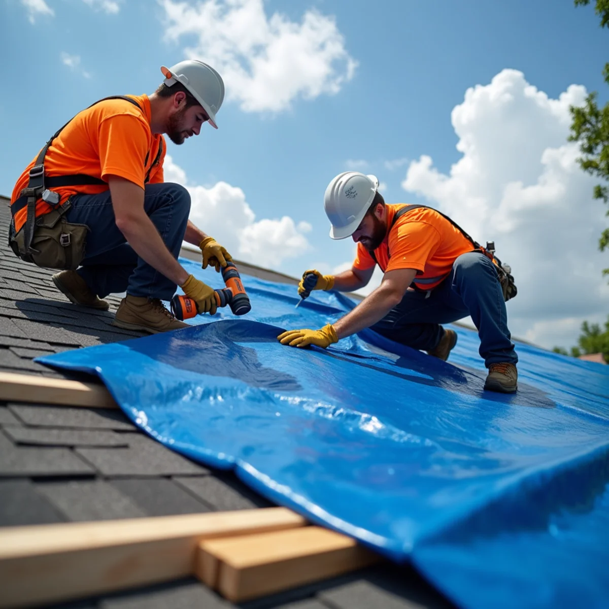 Heavy duty emergency tarp secured with 2x4 anchor boards on storm damaged roof