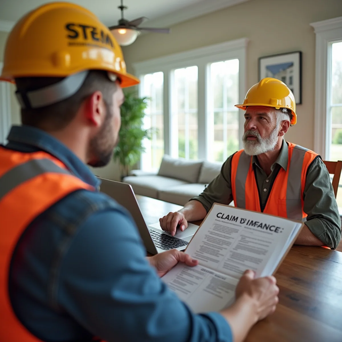 Homeowner and roofing specialist reviewing insurance adjustment paperwork