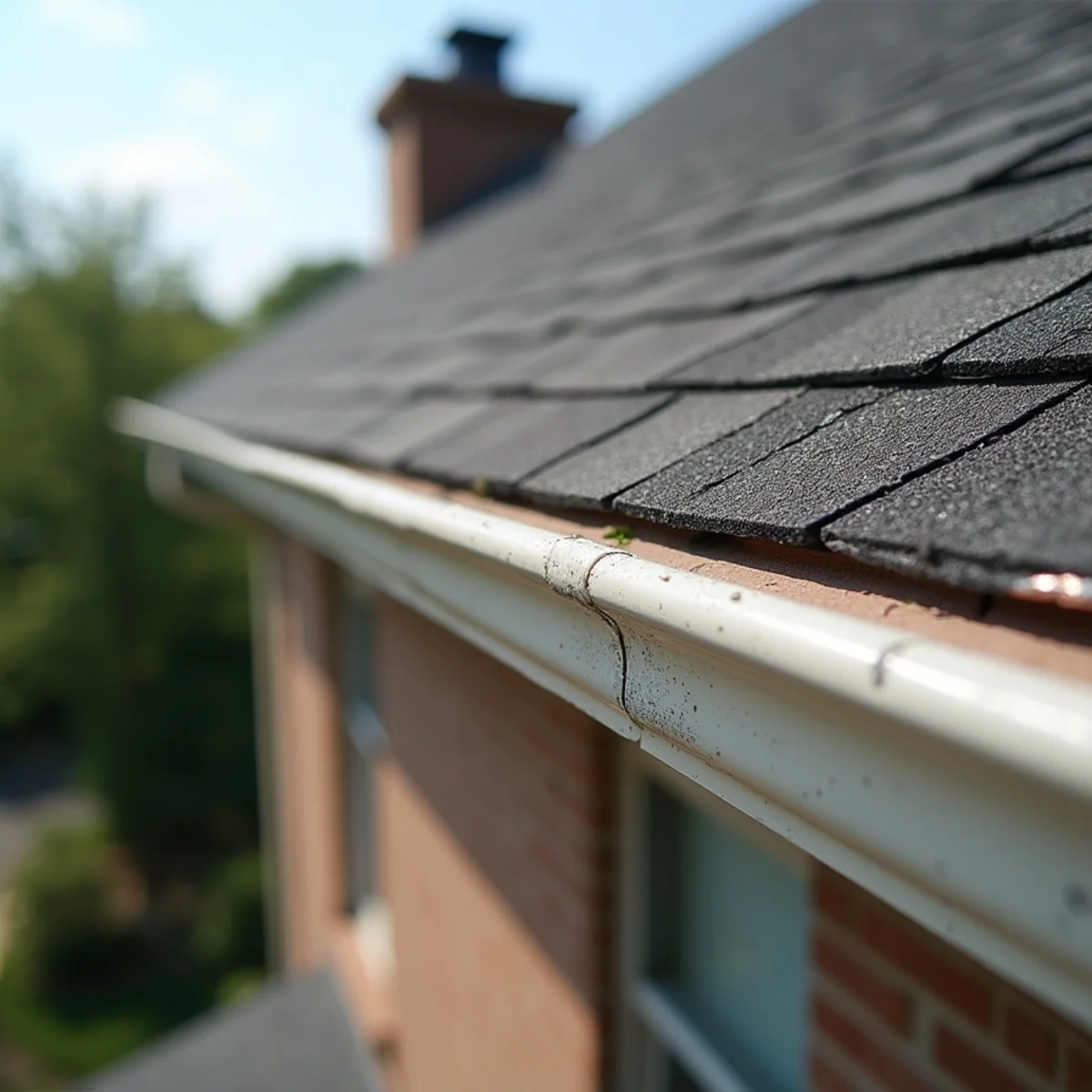 Dented aluminum gutter and soft metal roof vent showing hail impact spatter