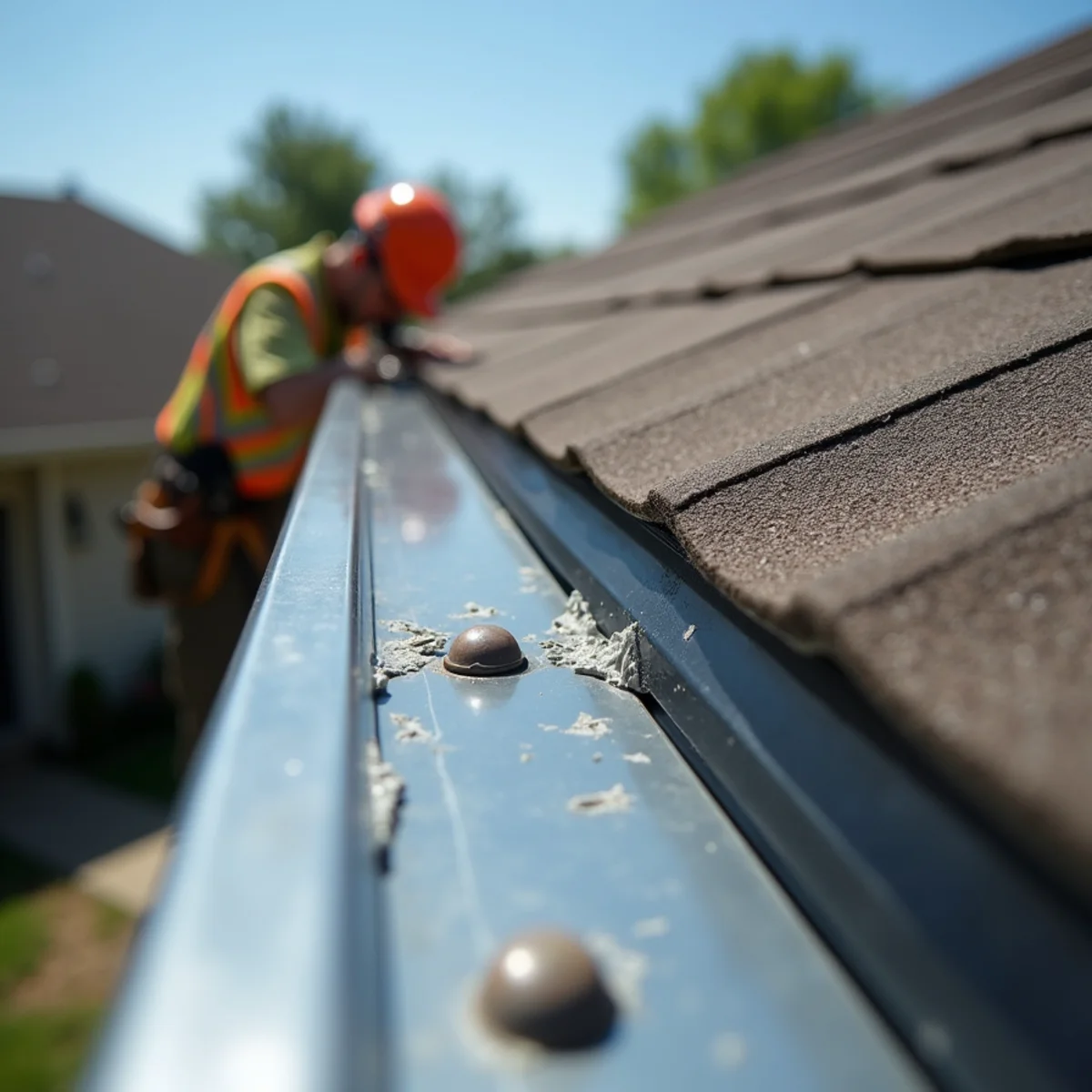 Forensic inspection of hail-dented aluminum gutters and flashing on Little Rock roof