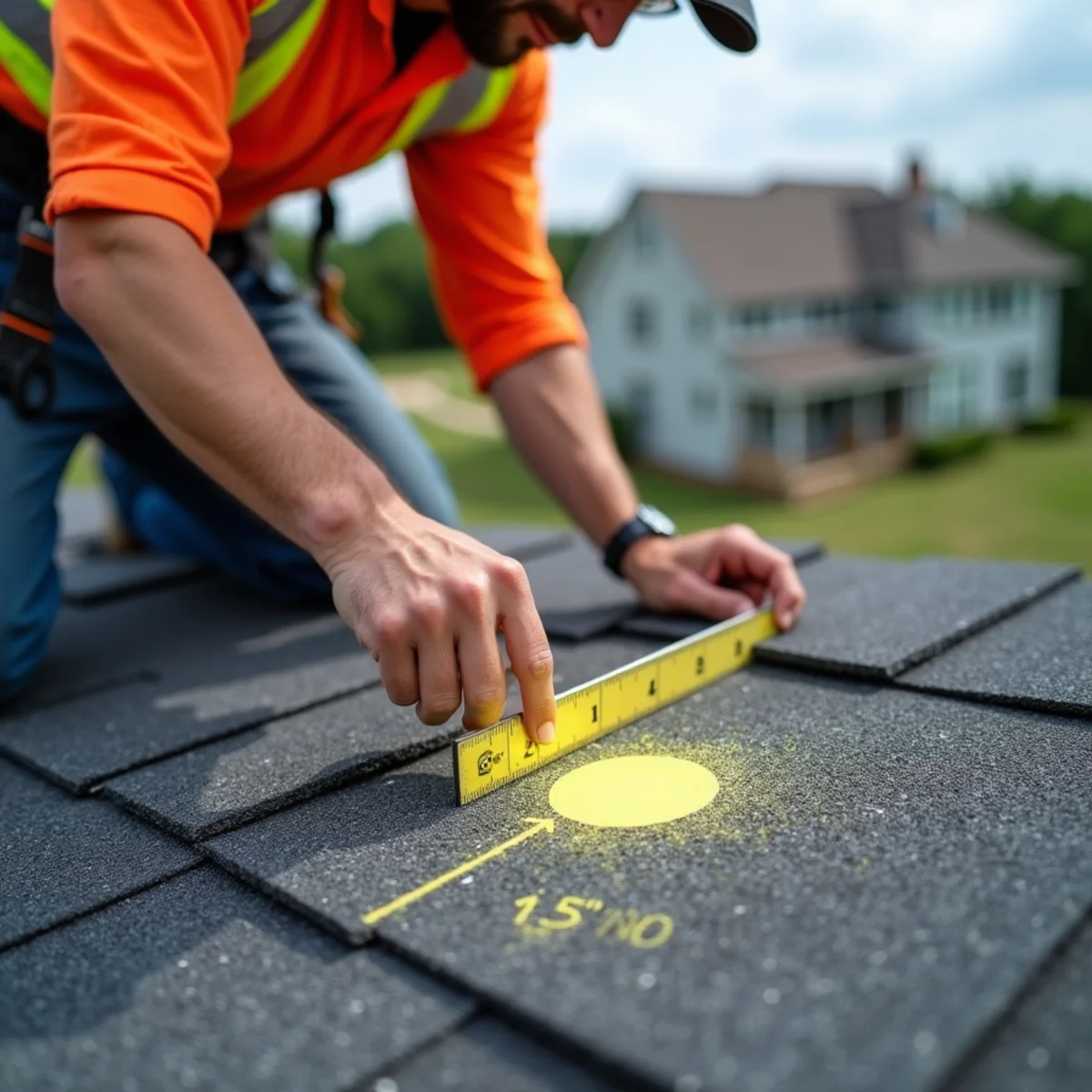 Roof inspector chalking hail impact bruises in test square on Little Rock home