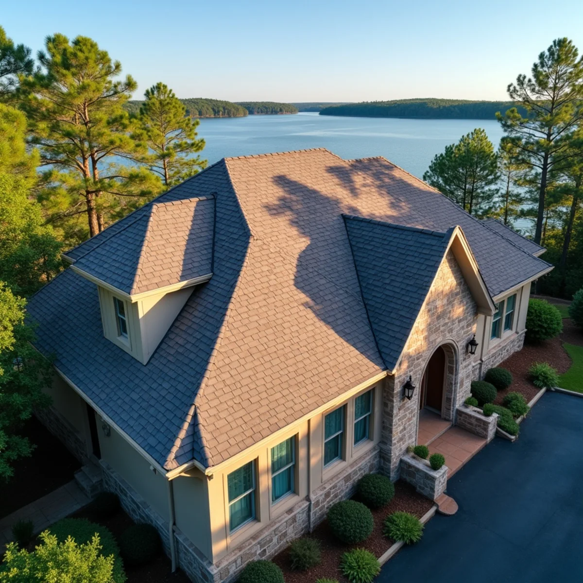 Wooded lakeside home roof repair and shingle inspection in Maumelle AR