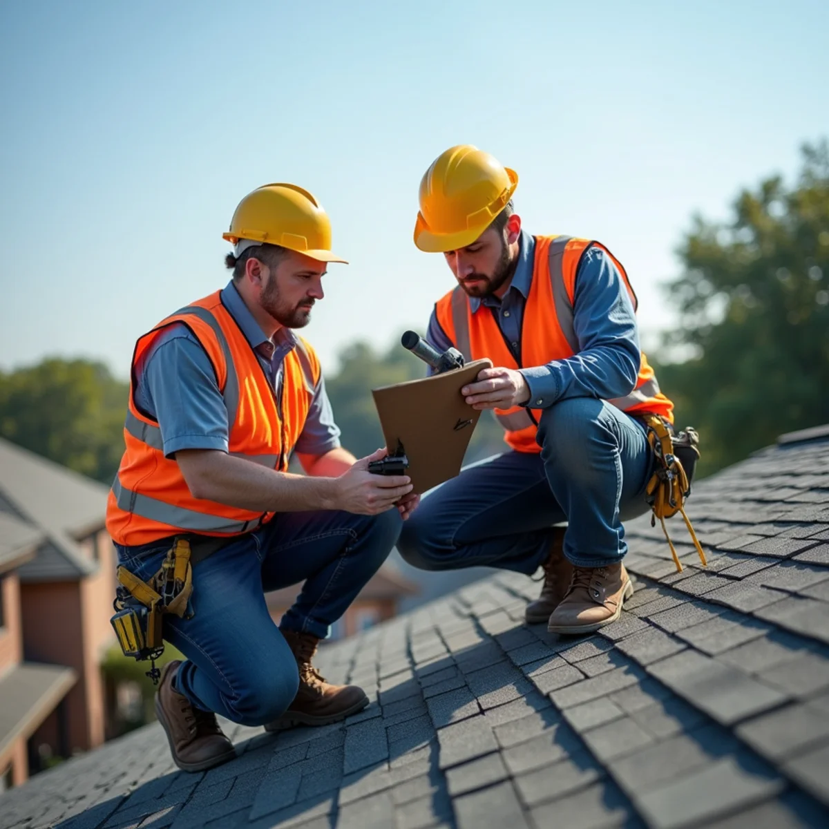 Roofer meeting with insurance adjuster on Little Rock driveway reviewing claim scope