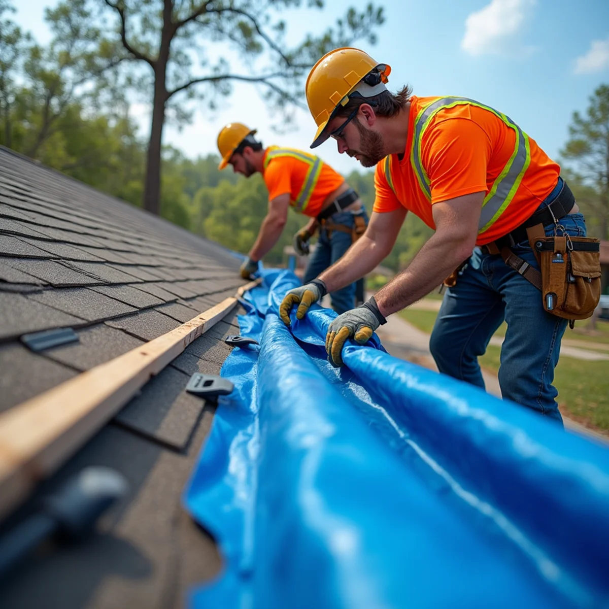 Emergency roof tarping crew securing damaged rafters after tree limb puncture in Little Rock AR